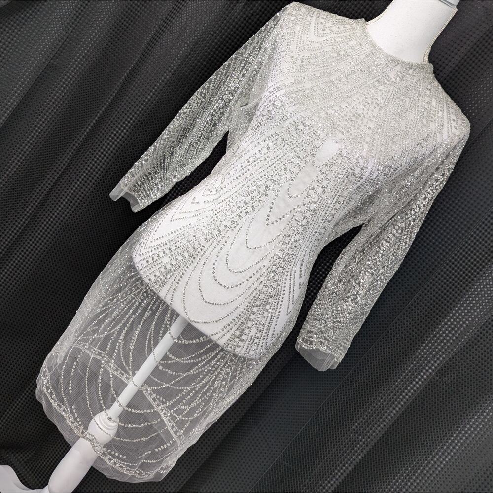 Sexy glittering mesh mini dress in silver/white - fun, glamorous, one of a kind!